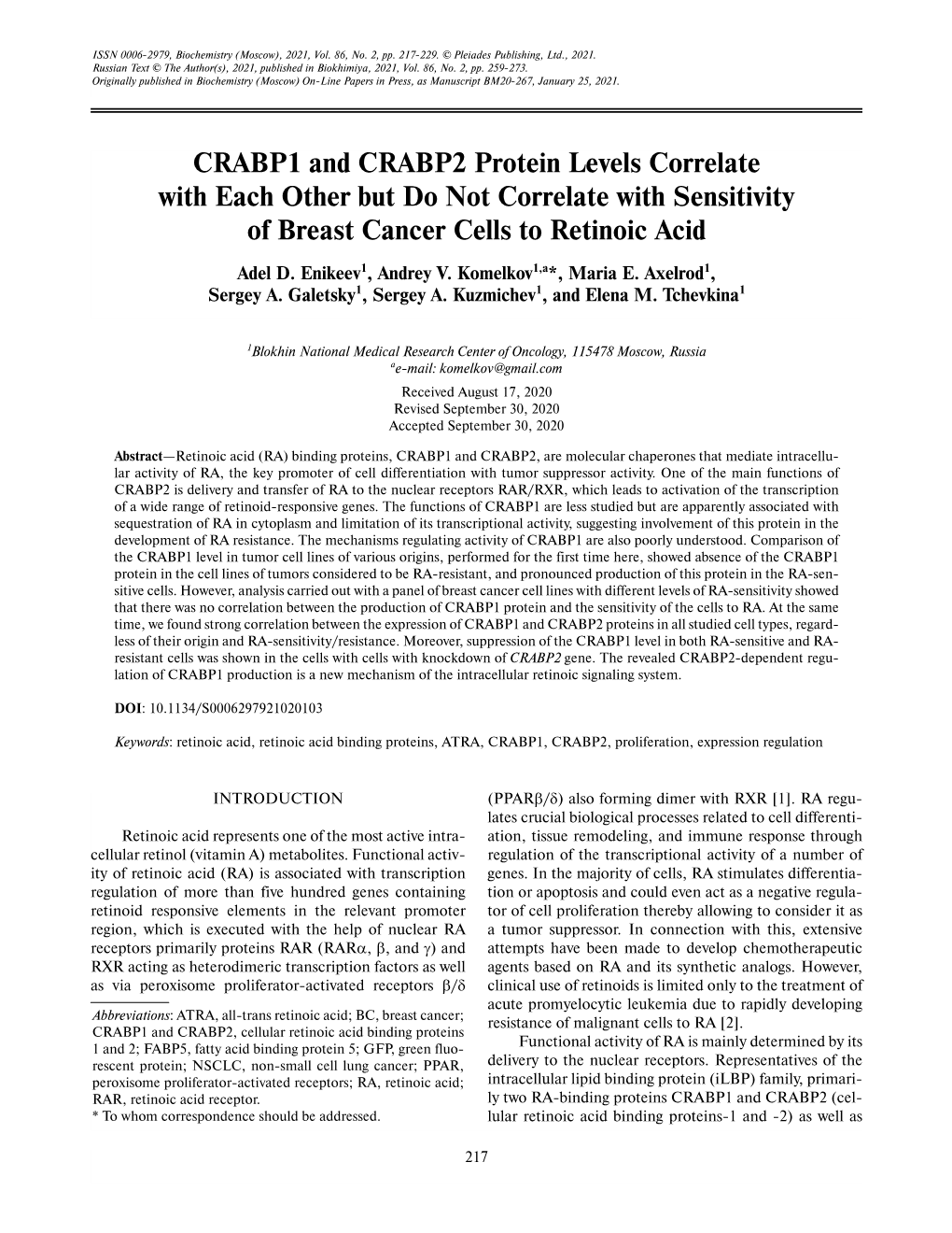 CRABP1 and CRABP2 Protein Levels Correlate with Each Other but Do Not Correlate with Sensitivity of Breast Cancer Cells to Retinoic Acid
