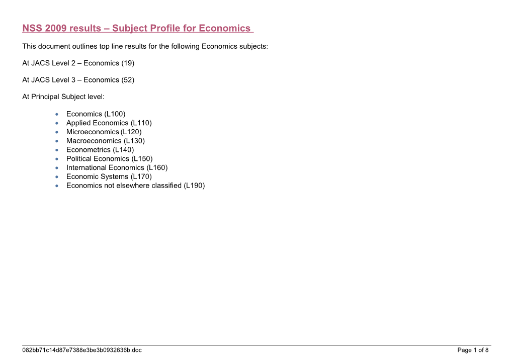 NSS 2009 Results: Subject Profile for Economics