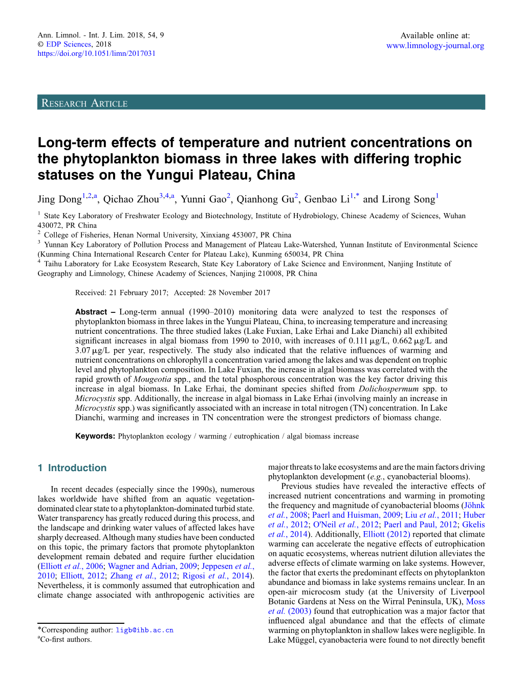 Long-Term Effects of Temperature and Nutrient Concentrations on the Phytoplankton Biomass in Three Lakes with Differing Trophic Statuses on the Yungui Plateau, China