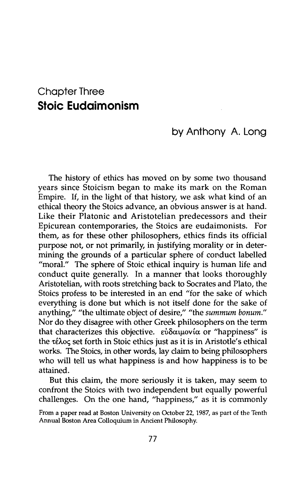 Chapter Three Stoic Eudaimonism by Anthony A. Long the History