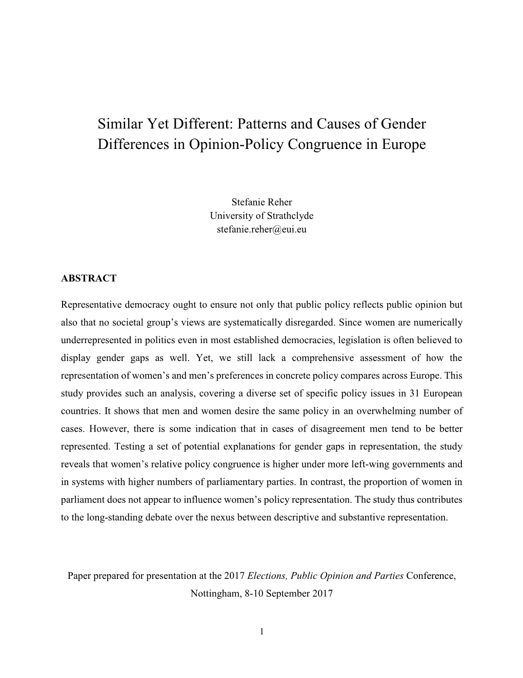 Patterns and Causes of Gender Differences in Opinion-Policy Congruence in Europe