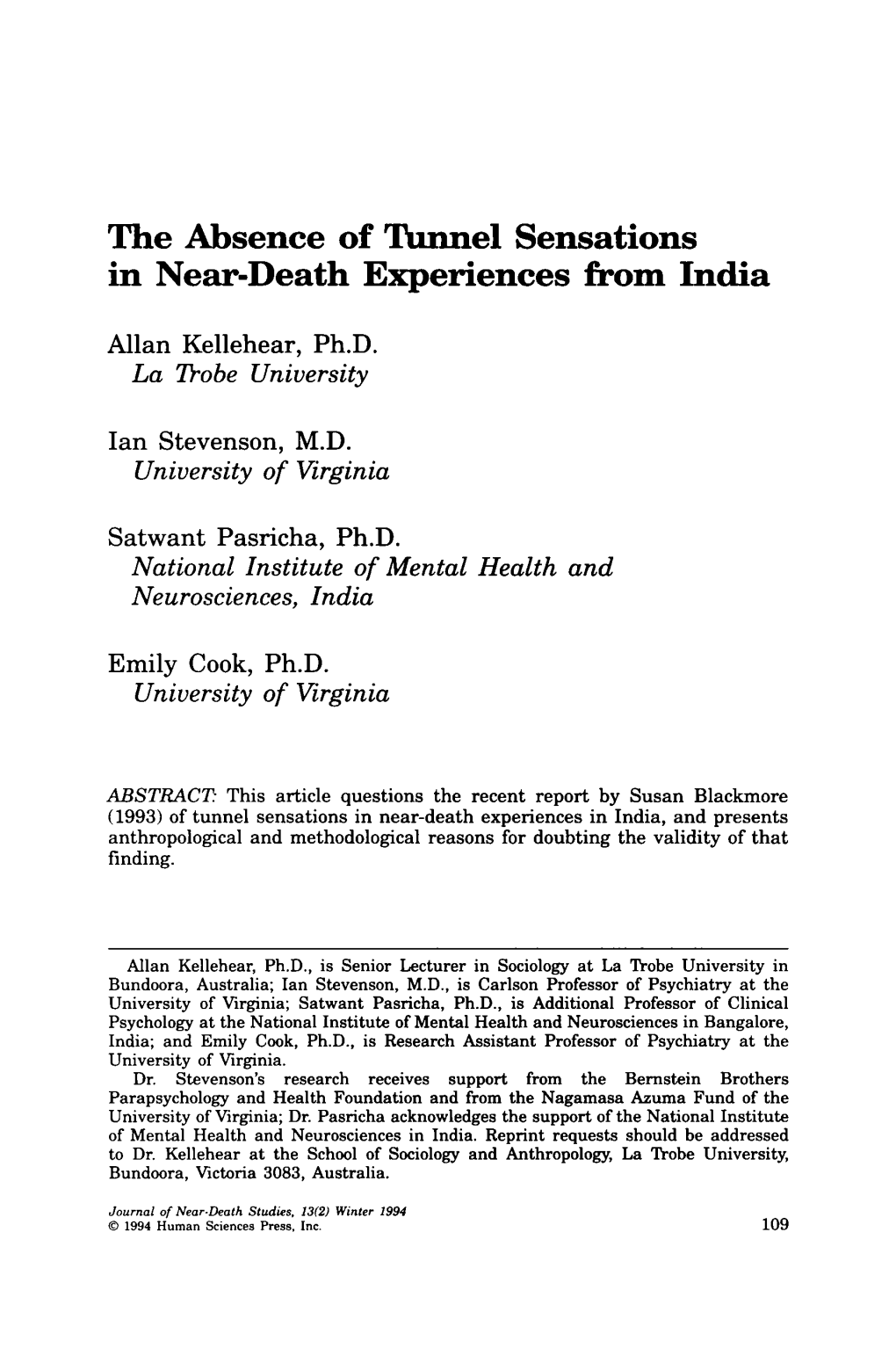 The Absence of Tunnel Sensations in Near-Death Experiences from India