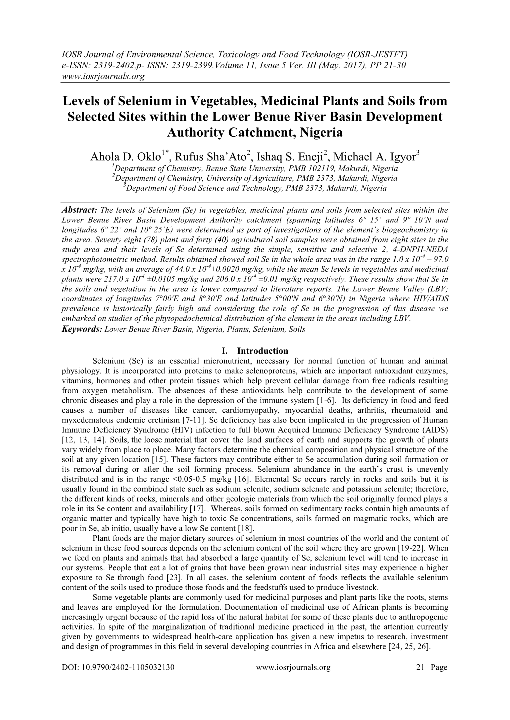 Levels of Selenium in Vegetables, Medicinal Plants and Soils from Selected Sites Within the Lower Benue River Basin Development Authority Catchment, Nigeria