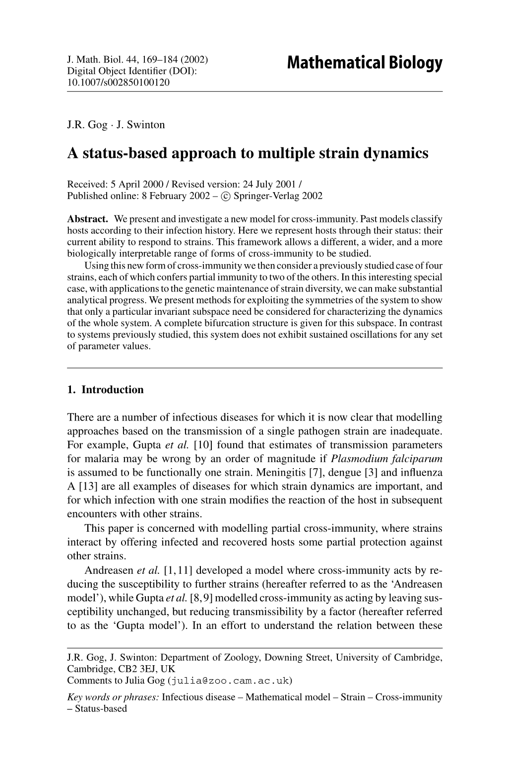 Mathematical Biology Digital Object Identiﬁer (DOI): 10.1007/S002850100120