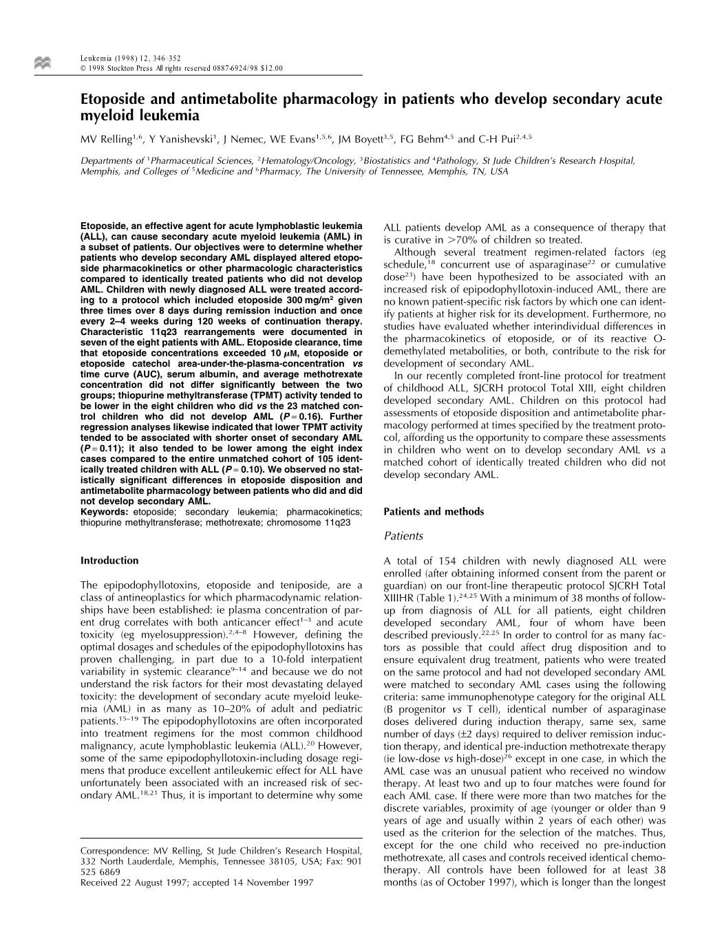 Etoposide and Antimetabolite Pharmacology in Patients Who