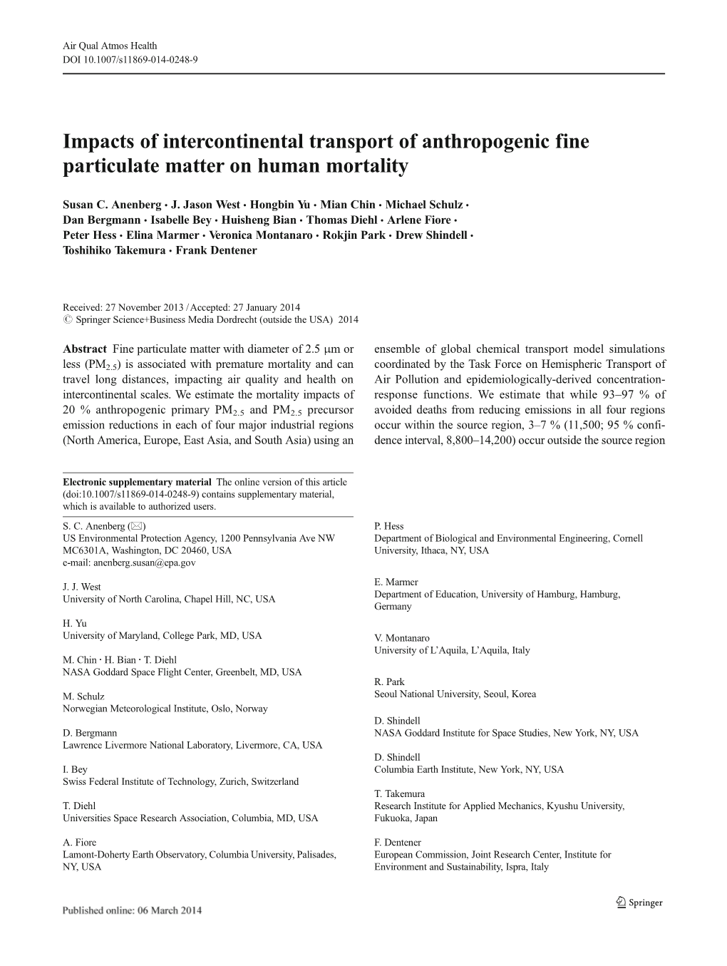 Impacts of Intercontinental Transport of Anthropogenic Fine Particulate Matter on Human Mortality