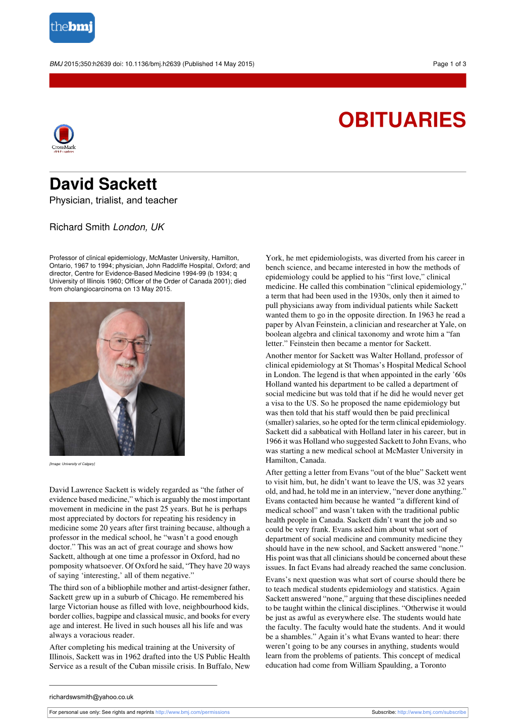 Read David Sackett's Obituary in The