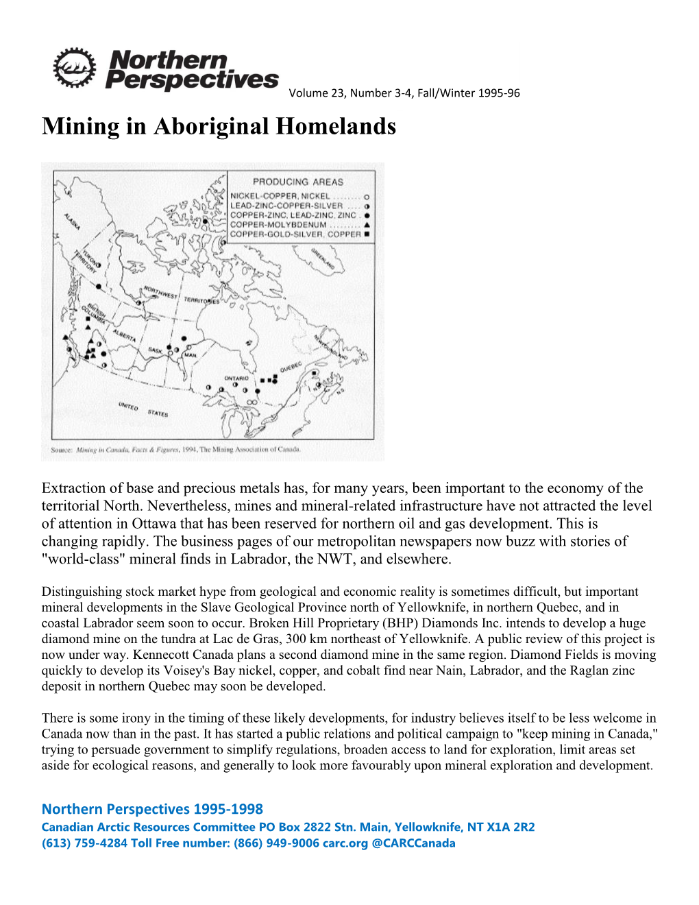 Aboriginal Communities and Mining in Northern Canada 1995/96