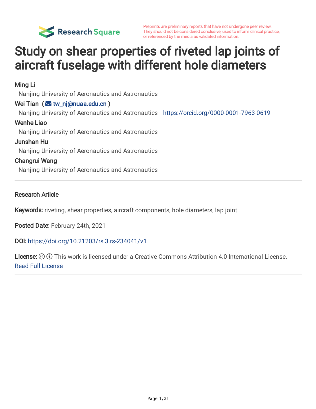 Study on Shear Properties of Riveted Lap Joints of Aircraft Fuselage with Different Hole Diameters