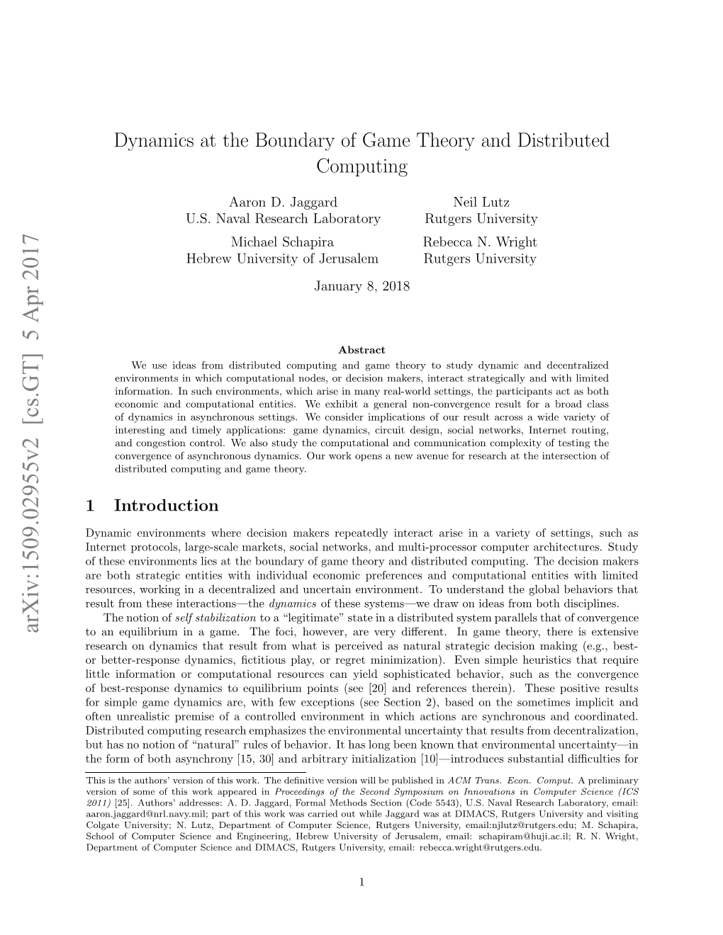 Dynamics at the Boundary of Game Theory and Distributed Computing