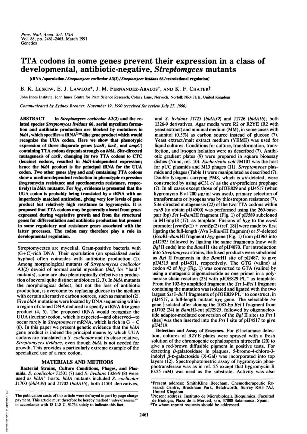 Developmental, Antibiotic-Negative, Streptomyces Mutants [Trna/Sporulation/Streptomyces Coelicolor A3(2)/Streptomyces Lividans 66/Translational Regulation] B