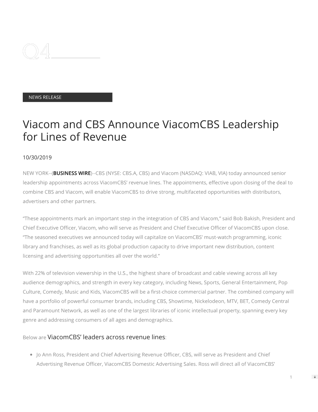 Viacom and CBS Announce Viacomcbs Leadership for Lines of Revenue
