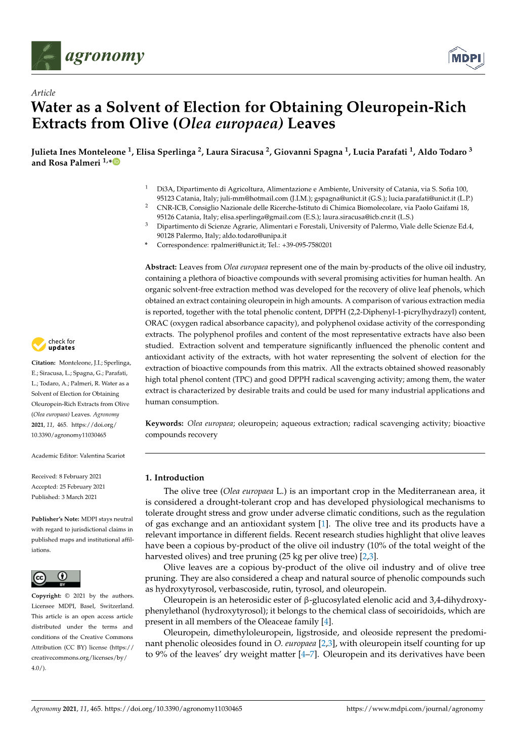 Water As a Solvent of Election for Obtaining Oleuropein-Rich Extracts from Olive (Olea Europaea) Leaves