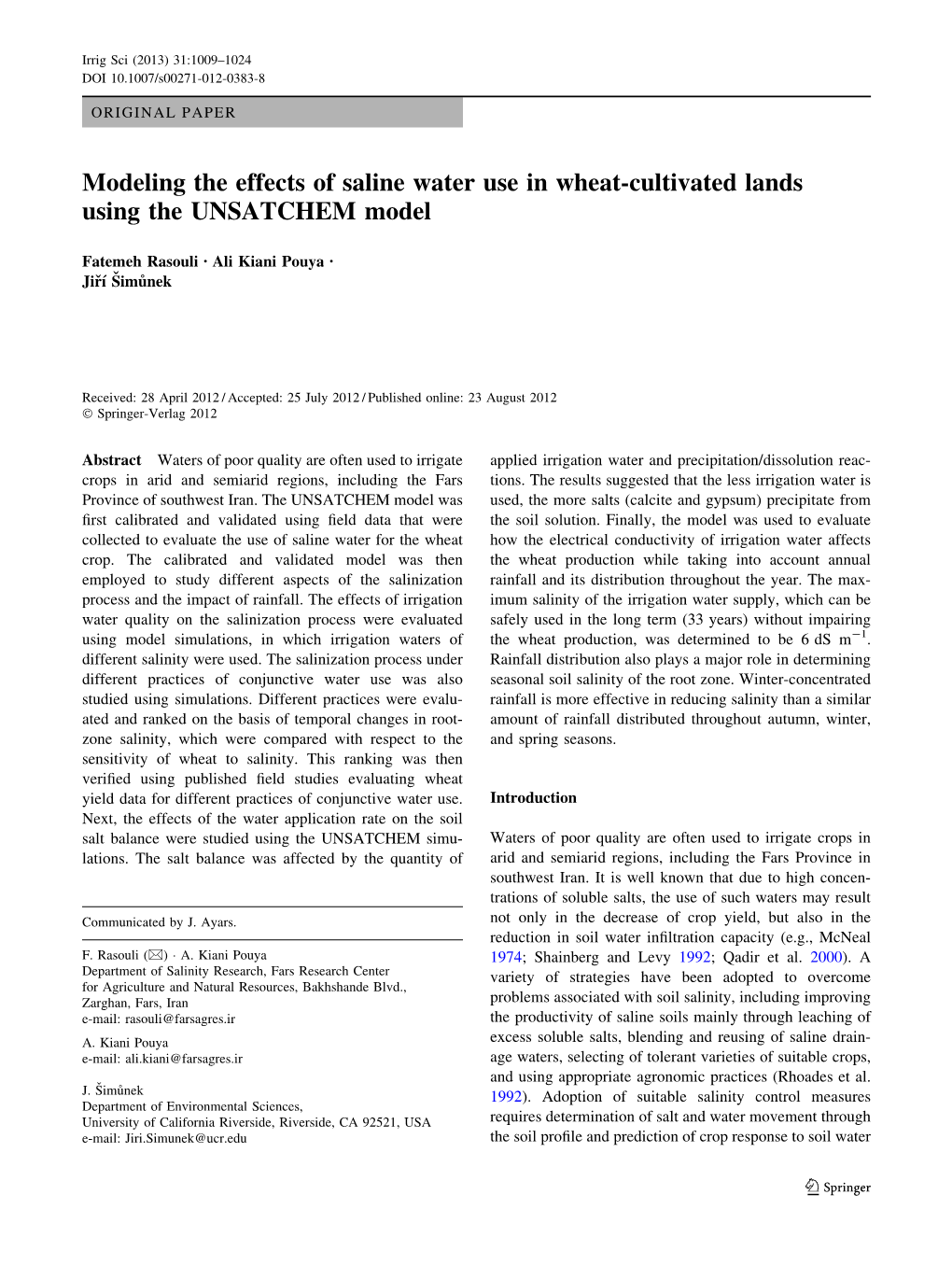 Modeling the Effects of Saline Water Use in Wheat-Cultivated Lands Using the UNSATCHEM Model