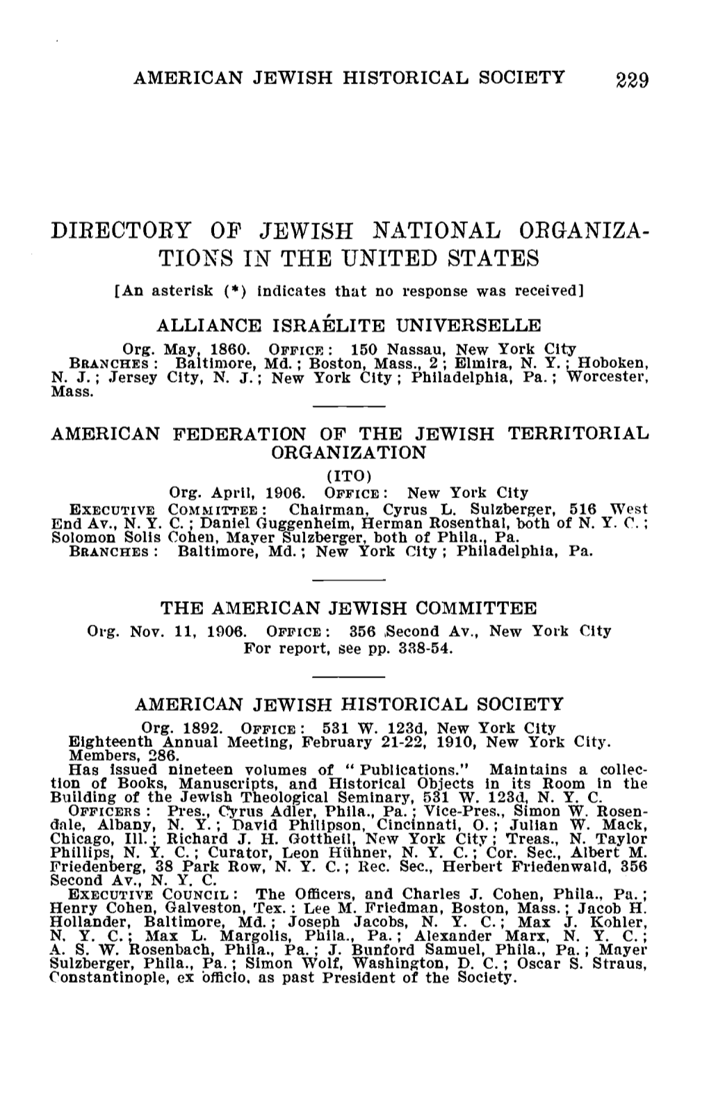 DIEECTOEY OP JEWISH NATIONAL OEGANIZA- TIONS in the UNITED STATES [An Asterisk (*) Indicates That No Response Was Received] ALLIANCE ISRAELITE UNIVERSELLE Org