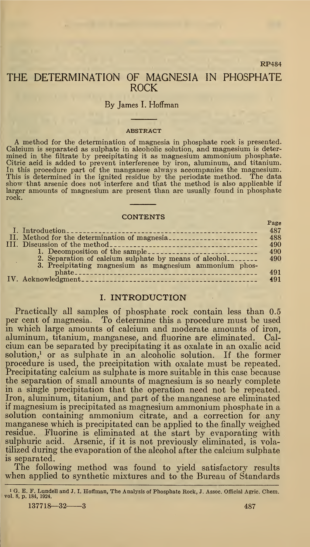 The Determination of Magnesia in Phosphate Rock