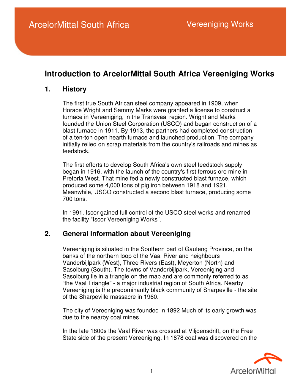 Introduction to Arcelormittal South Africa Vereeniging Works