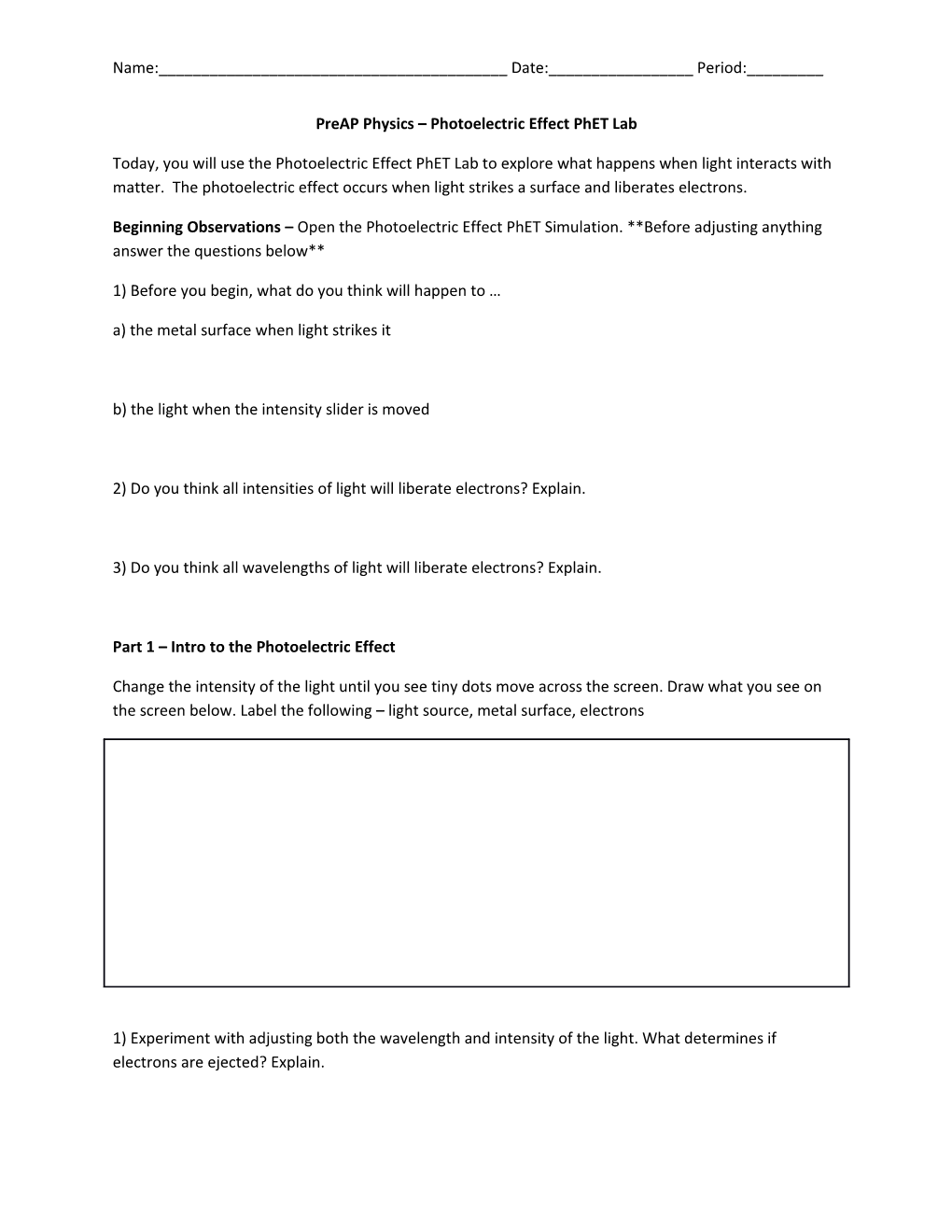 Preap Physics Photoelectric Effect Phet Lab