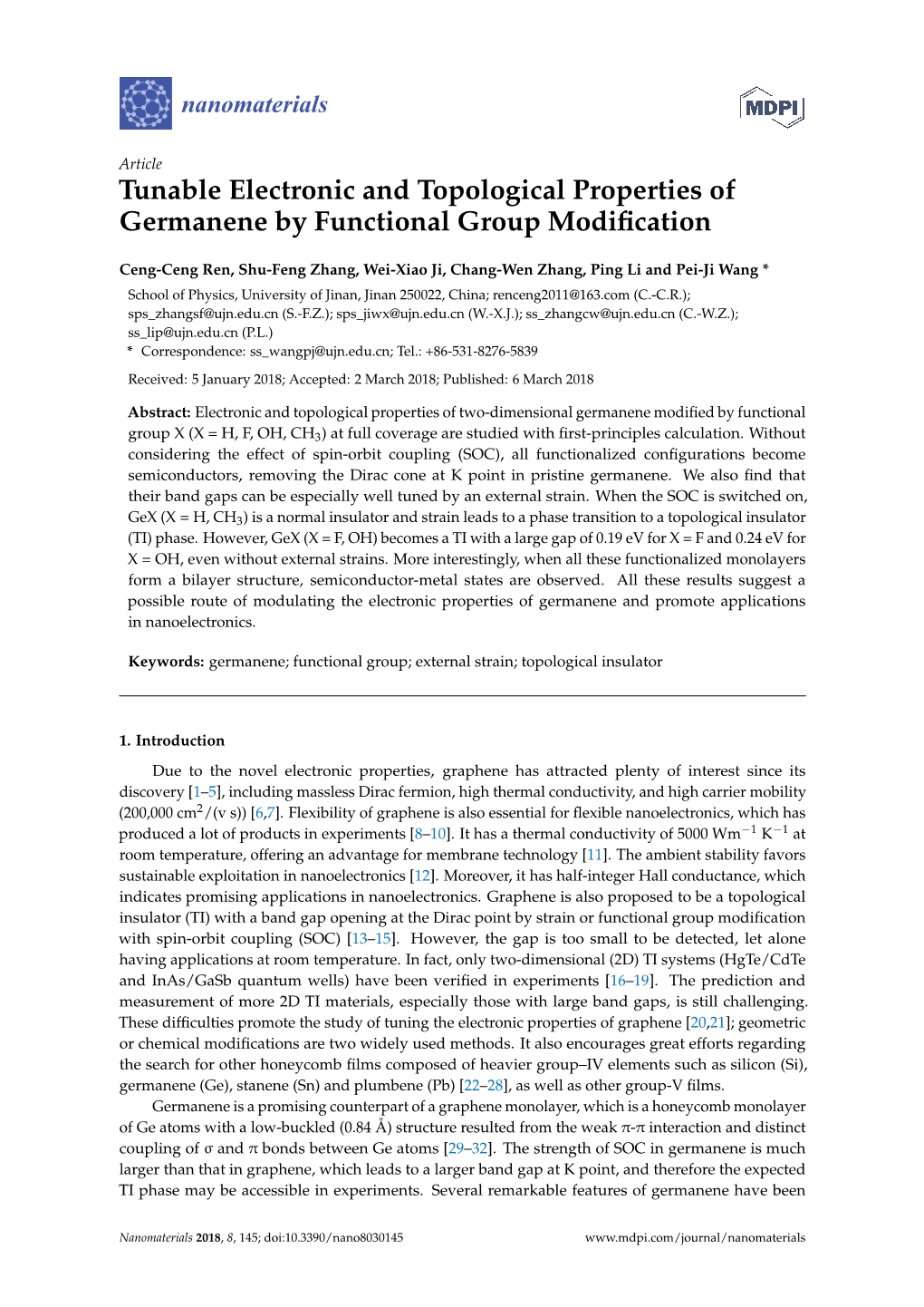 Tunable Electronic and Topological Properties of Germanene by Functional Group Modiﬁcation