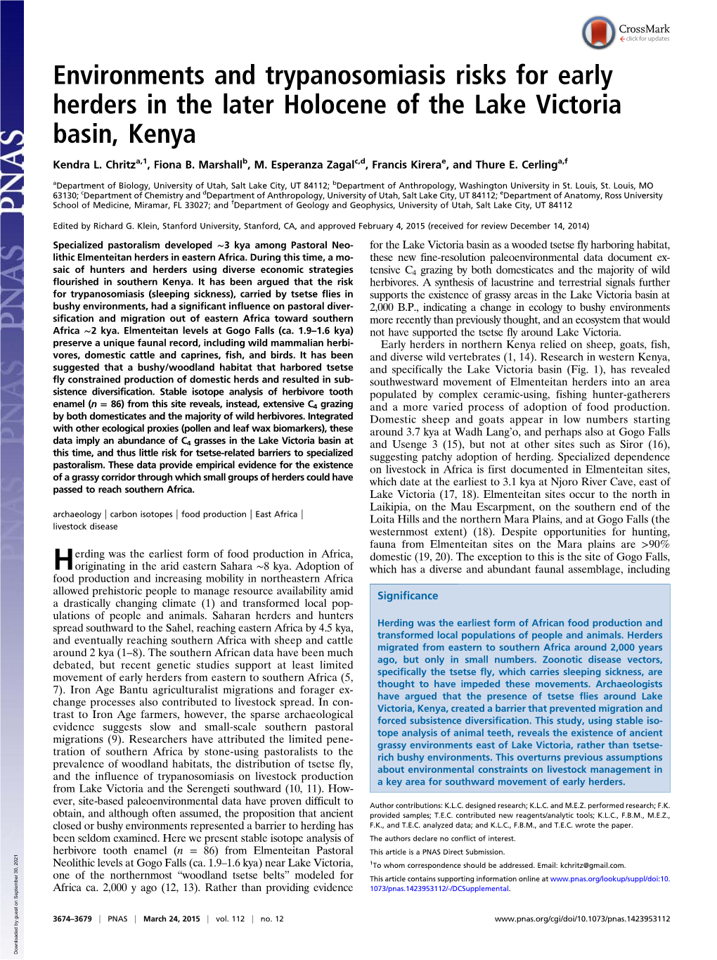 Environments and Trypanosomiasis Risks for Early Herders in the Later Holocene of the Lake Victoria Basin, Kenya