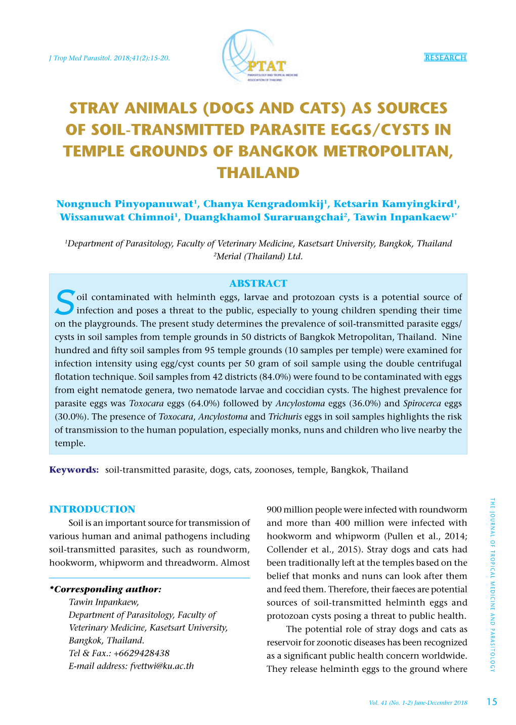 Stray Animals (Dogs and Cats) As Sources of Soil-Transmitted Parasite Eggs/Cysts in Temple Grounds of Bangkok Metropolitan, Thailand