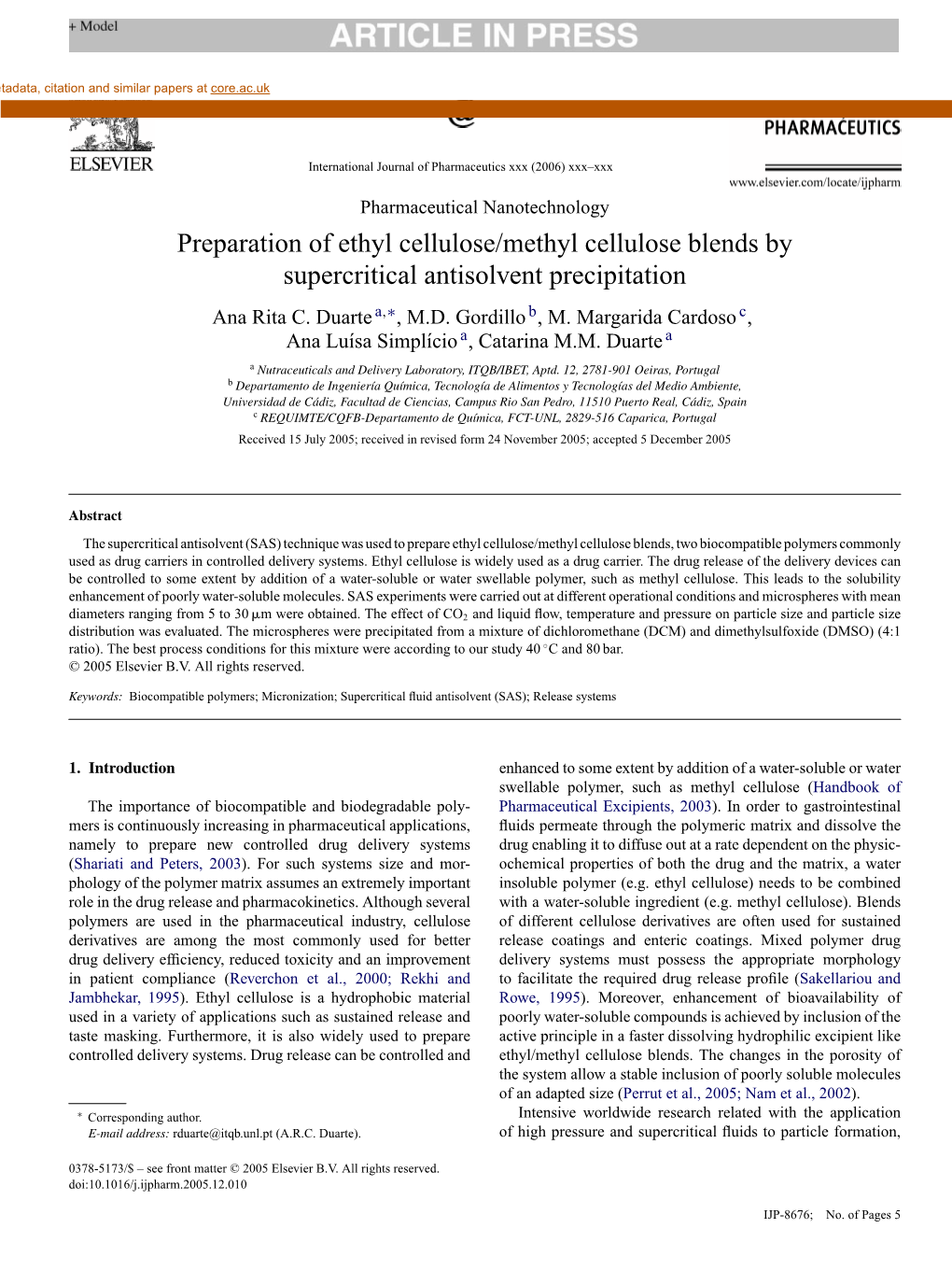 Preparation of Ethyl Cellulose/Methyl Cellulose Blends by Supercritical Antisolvent Precipitation Ana Rita C