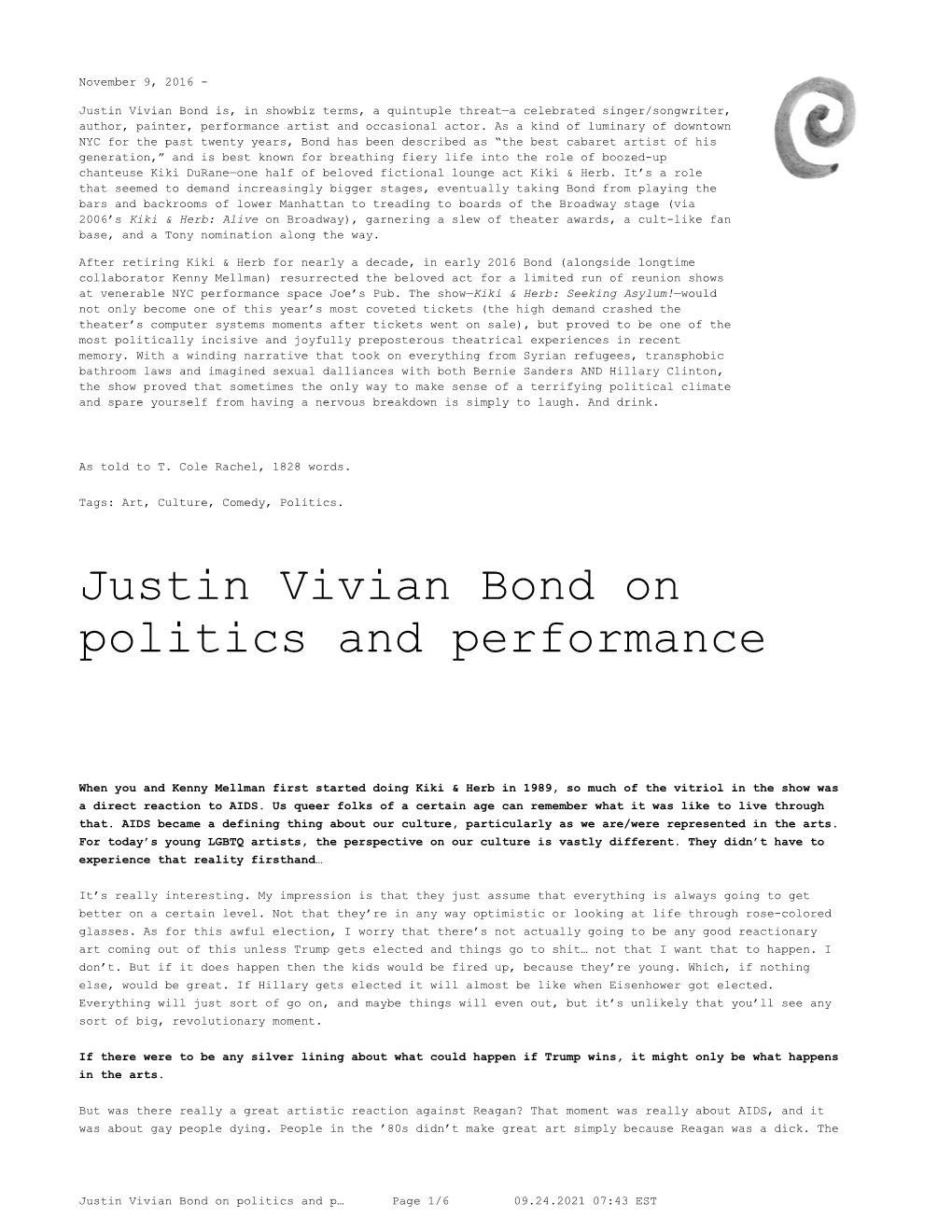 Justin Vivian Bond on Politics and Performance