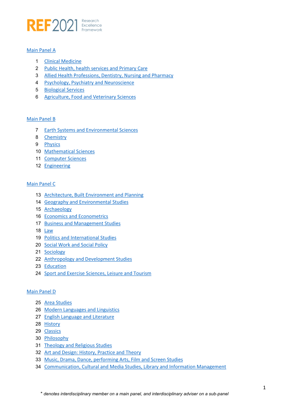 1 Main Panel a 1 Clinical Medicine 2 Public Health, Health Services And