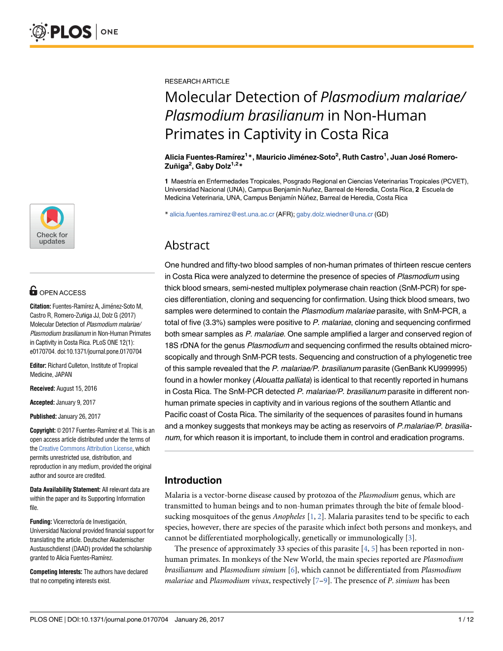 Molecular Detection of Plasmodium Malariae/Plasmodium Brasilianum