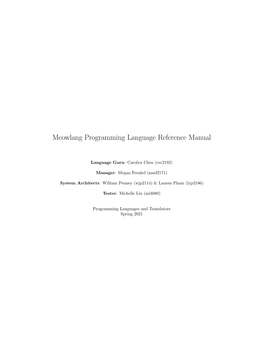 Meowlang Programming Language Reference Manual