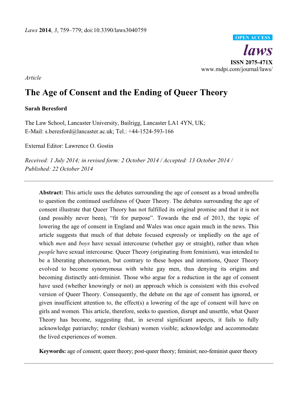 The Age of Consent and the Ending of Queer Theory