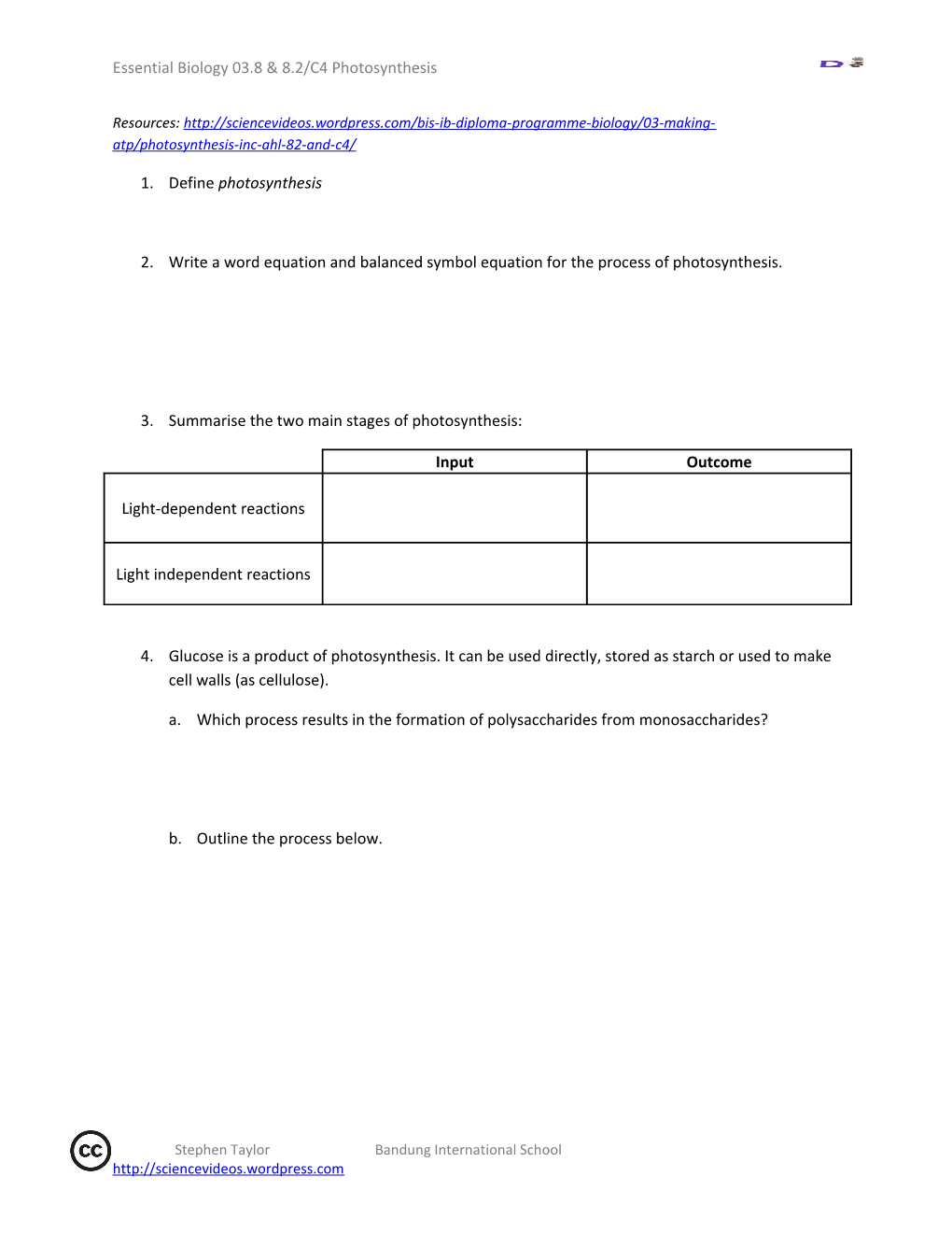 2. Write a Word Equation and Balanced Symbol Equation for the Process of Photosynthesis