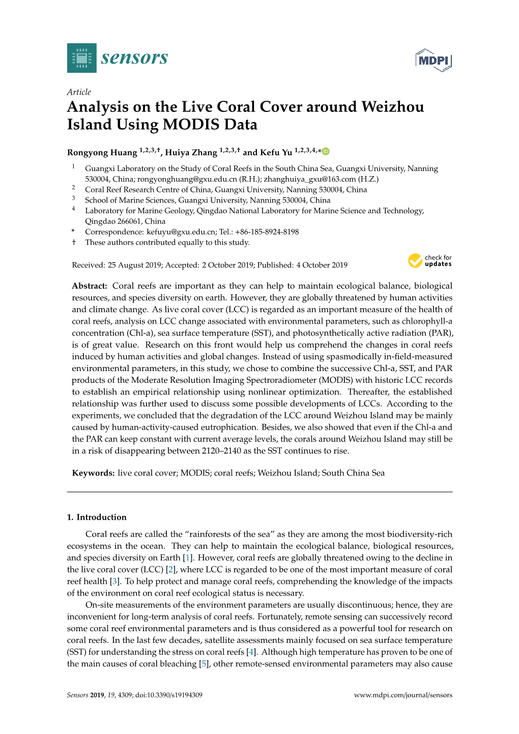 Analysis on the Live Coral Cover Around Weizhou Island Using MODIS Data