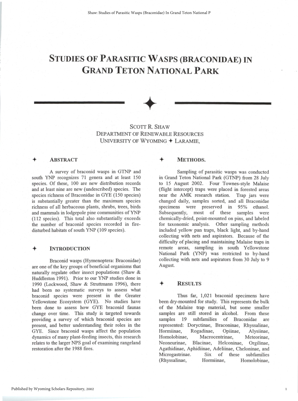 Studies of Parasitic Wasps (Braconidae) in Grand Teton National P