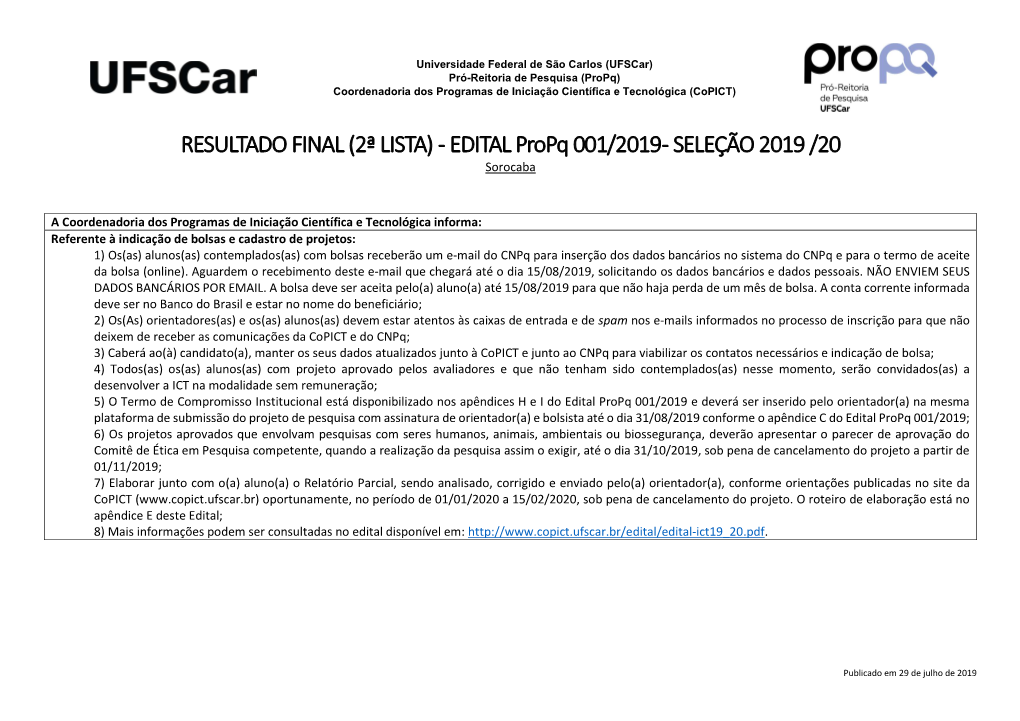 RESULTADO FINAL (2ª LISTA) - EDITAL Propq 001/2019 - SELEÇÃO 2019 /20 Sorocaba