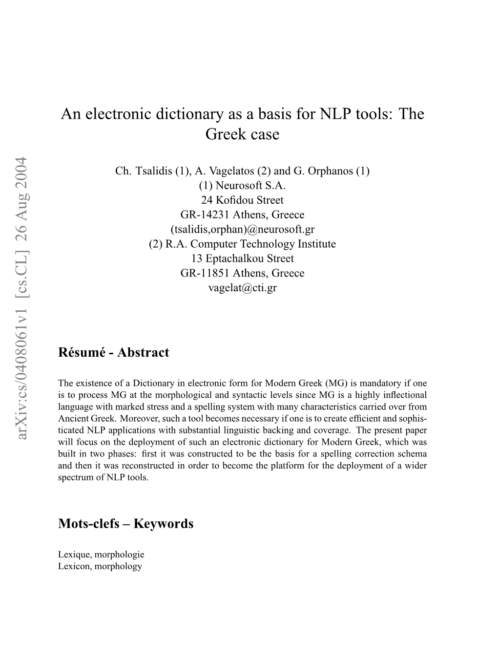 An Electronic Dictionary As a Basis for NLP Tools: the Greek Case Memory