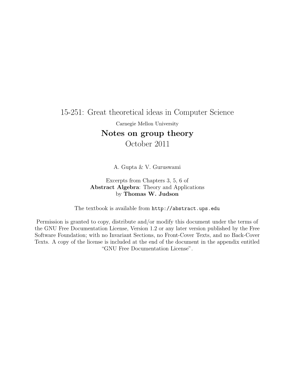 Notes on Group Theory October 2011