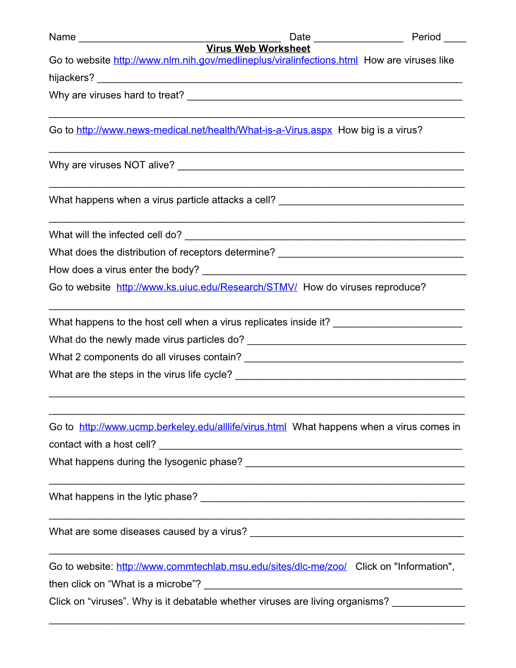 Virus & Bacteria Web Worksheet