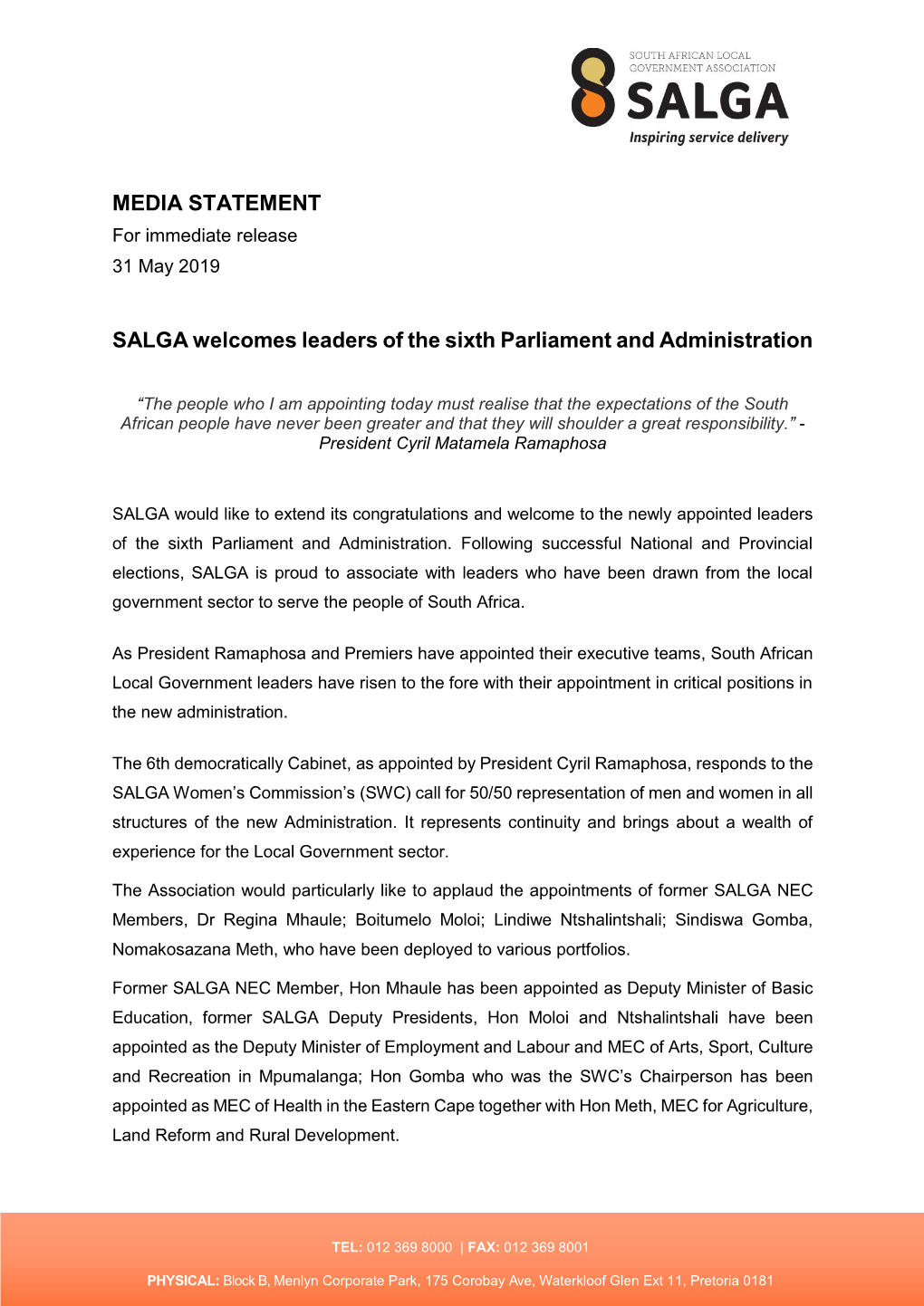 SALGA Welcomes Leaders of the Sixth Parliament and Administration