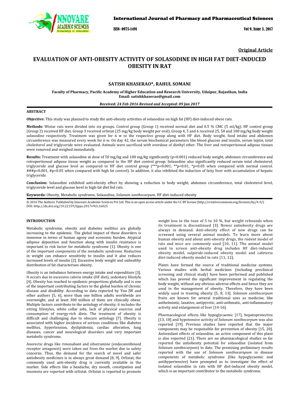 Evaluation of Anti-Obesity Activity of Solasodine in High Fat Diet-Induced Obesity in Rat