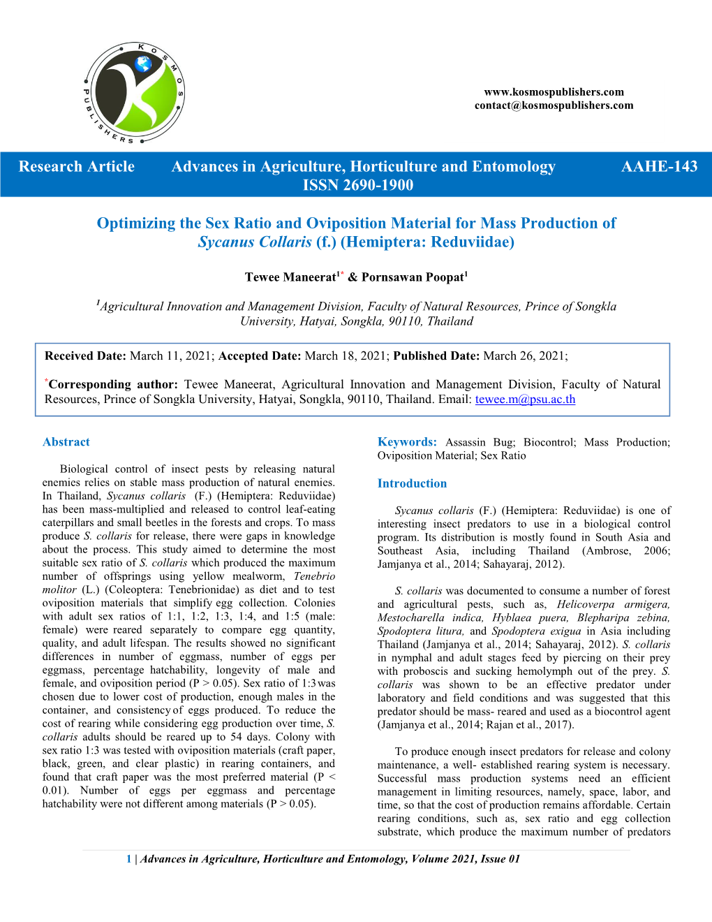 Optimizing the Sex Ratio and Oviposition Material for Mass Production of Sycanus Collaris (F.) (Hemiptera: Reduviidae)