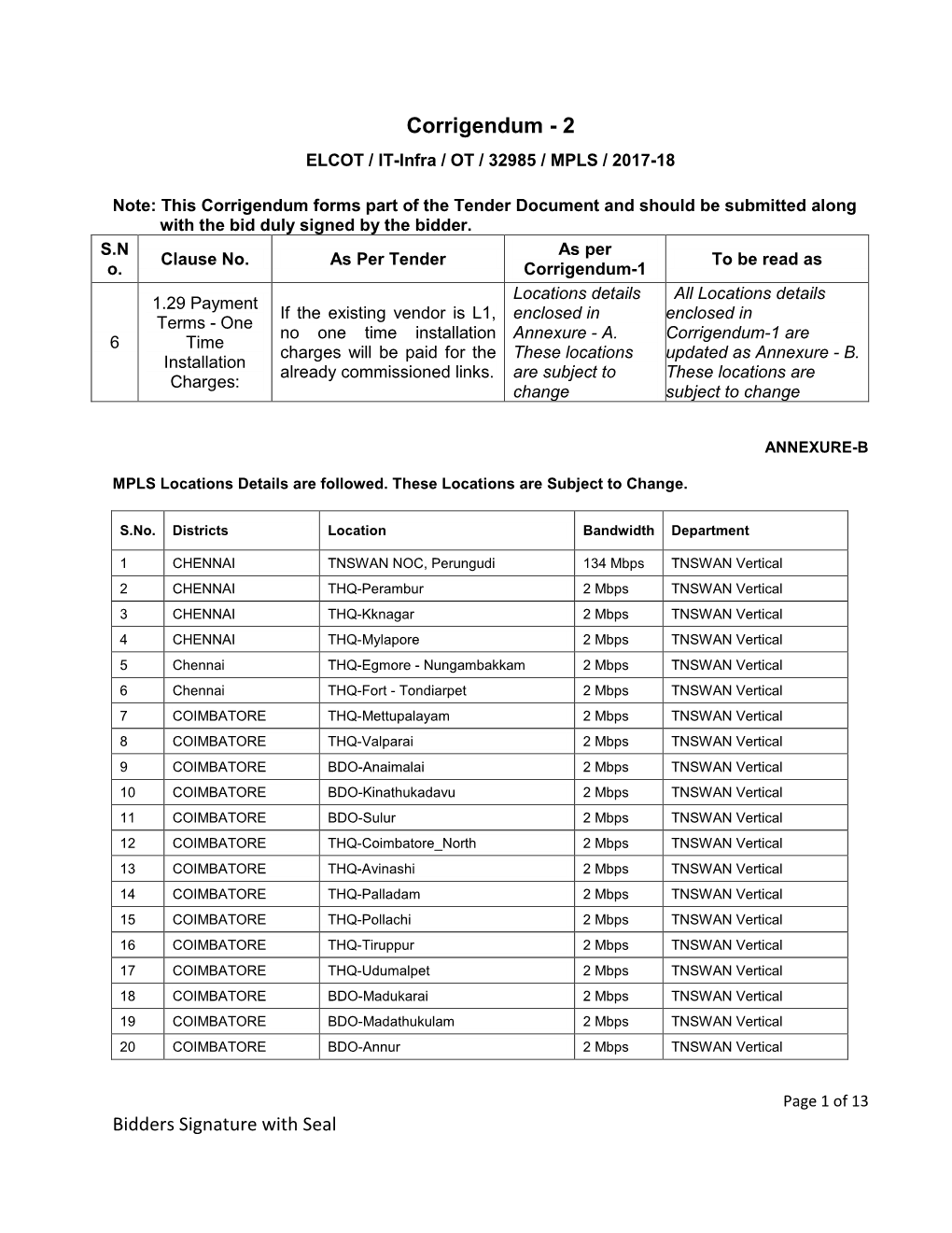 Corrigendum - 2 ELCOT / IT-Infra / OT / 32985 / MPLS / 2017-18