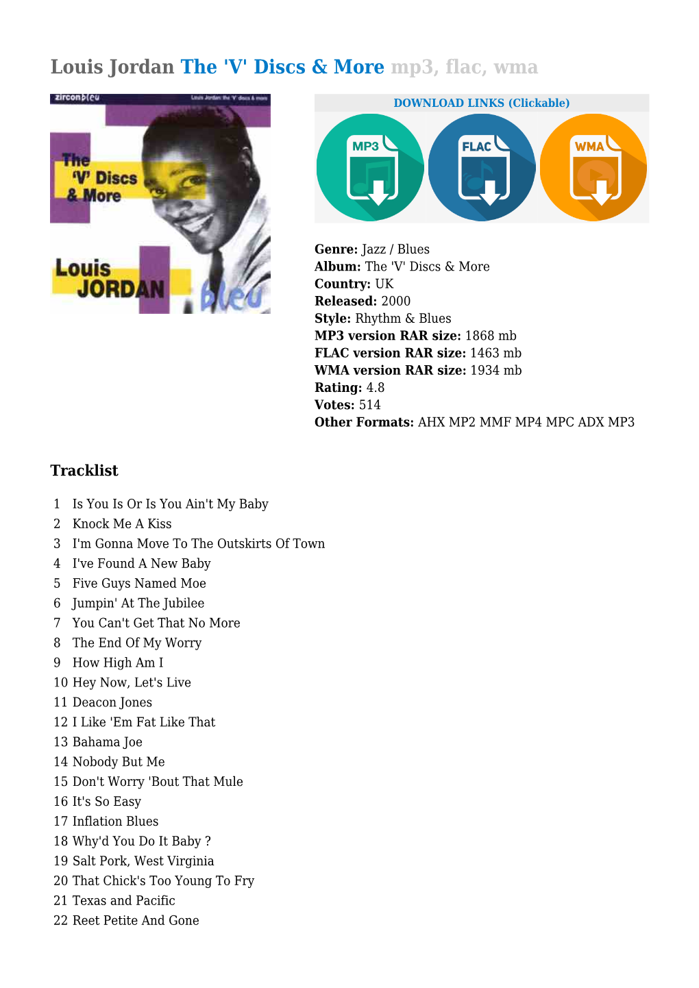 Louis Jordan the 'V' Discs & More Mp3, Flac