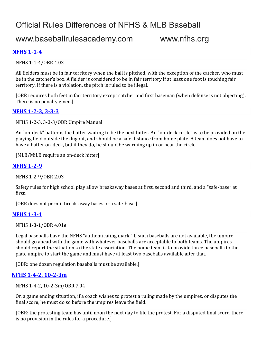 Official Rules Differences of NFHS & MLB Baseball Www