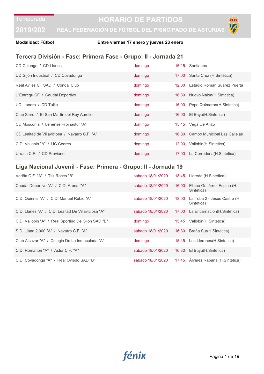 2019/202 Horario De Partidos