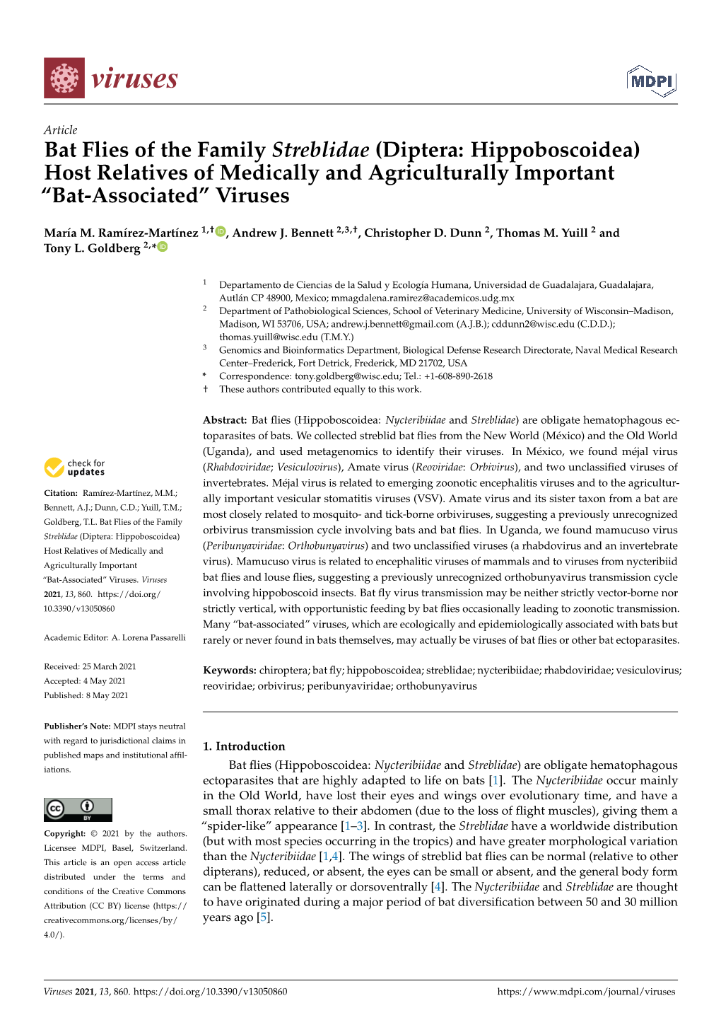 Bat Flies of the Family Streblidae (Diptera: Hippoboscoidea) Host Relatives of Medically and Agriculturally Important “Bat-Associated” Viruses