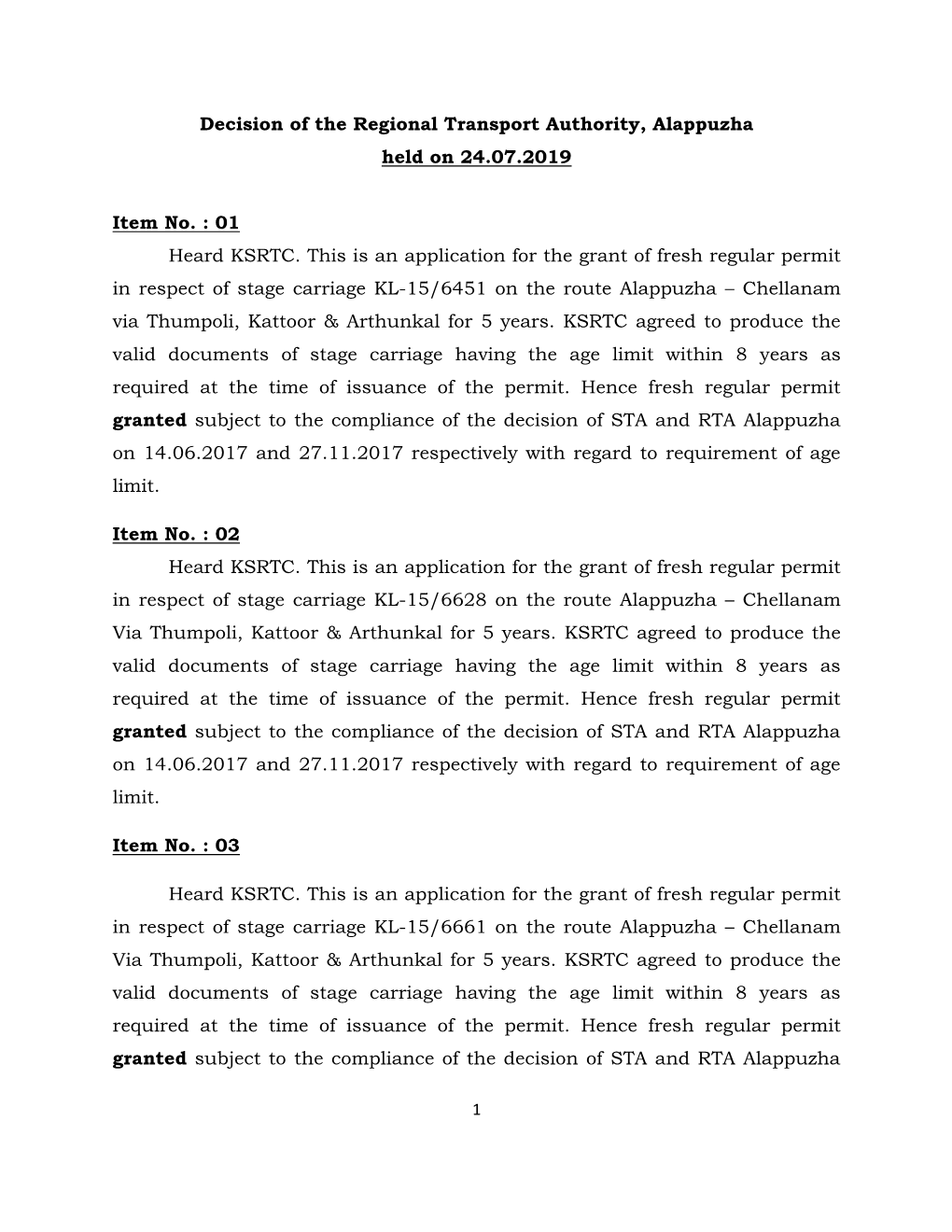 Decision of the Regional Transport Authority, Alappuzha Held on 24.07.2019