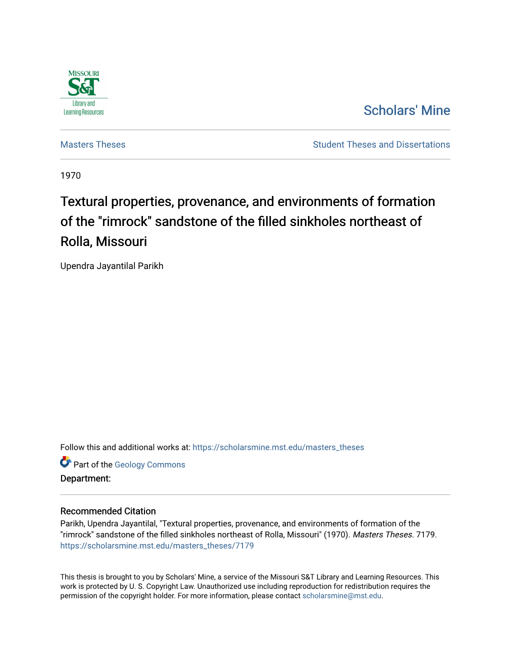 Textural Properties, Provenance, and Environments of Formation of the "Rimrock" Sandstone of the Filled Sinkholes Northeast of Rolla, Missouri