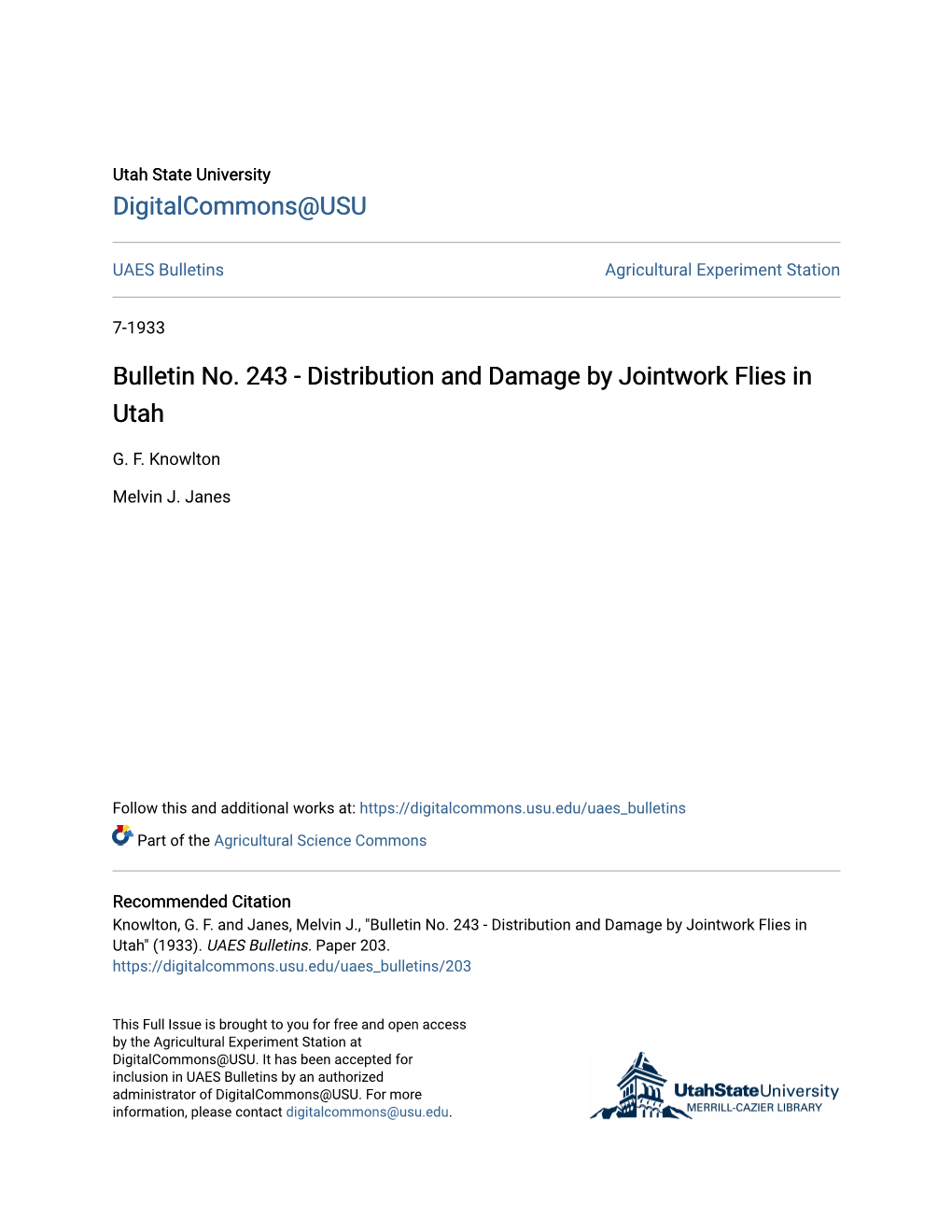 Bulletin No. 243 - Distribution and Damage by Jointwork Flies in Utah