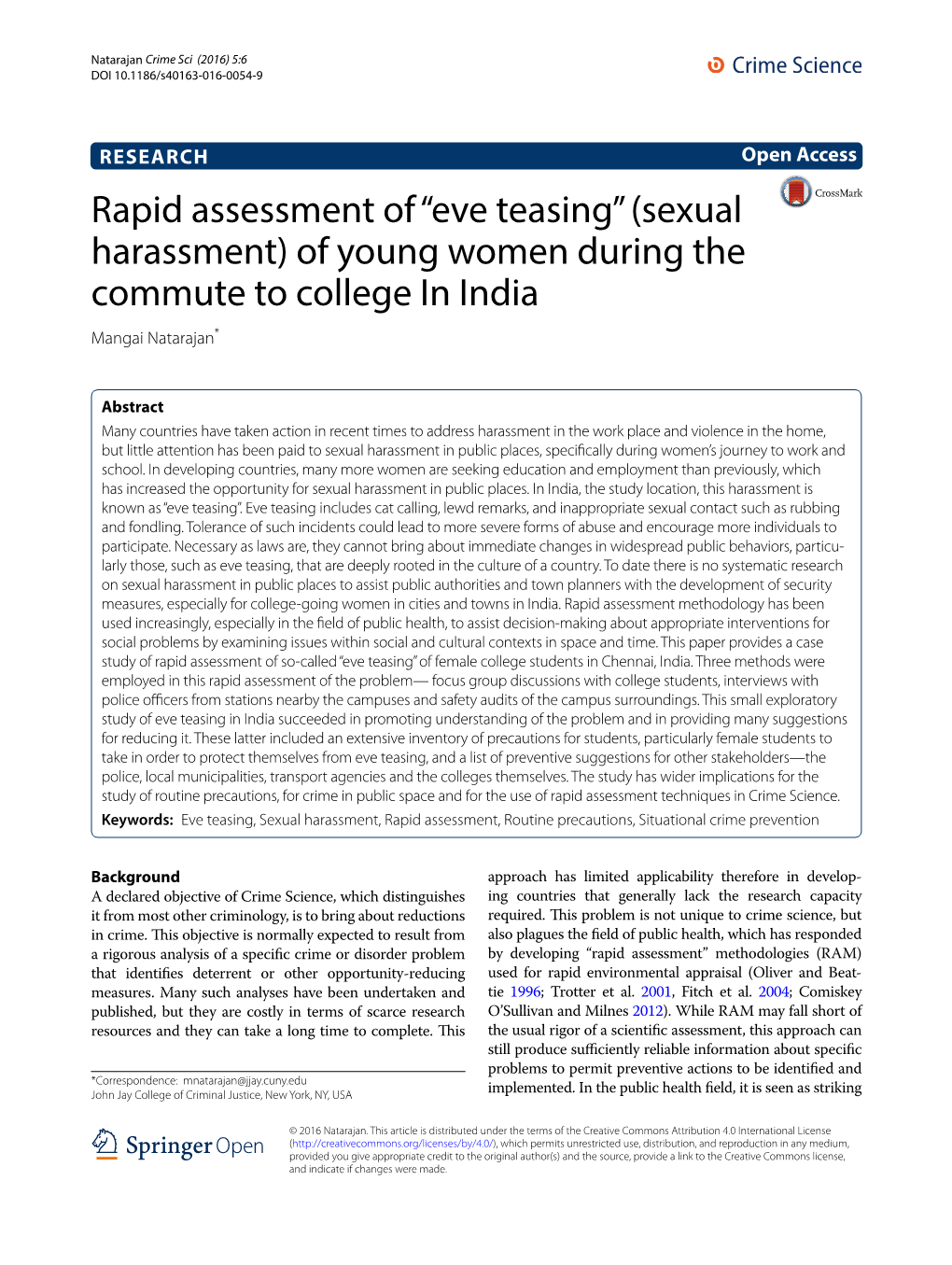 “Eve Teasing” (Sexual Harassment) of Young Women During the Commute to College in India Mangai Natarajan*